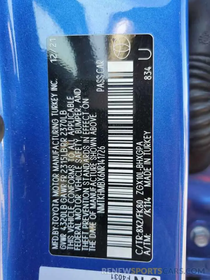 13 Photograph of a damaged car NMTKHMBX6NR141726 TOYOTA C-HR 2022