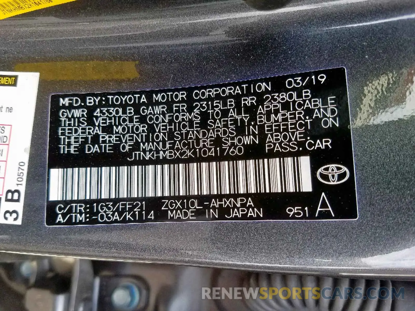 10 Photograph of a damaged car JTNKHMBX2K1041760 TOYOTA C-HR XLE 2019