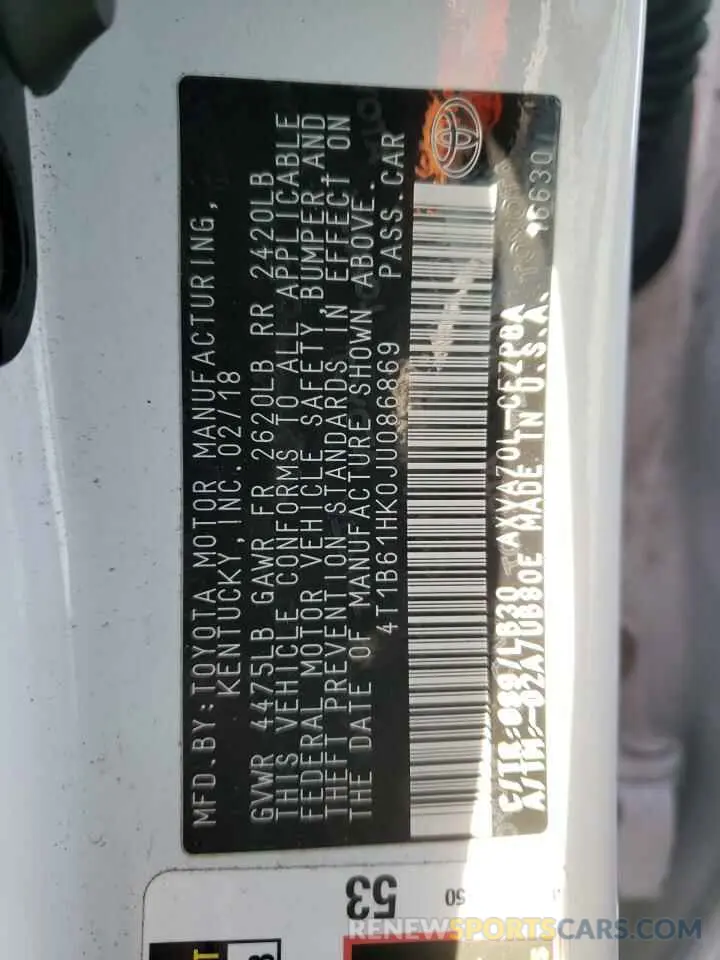 12 Photograph of a damaged car 4T1B61HK0JU086869 TOYOTA CAMRY 2018