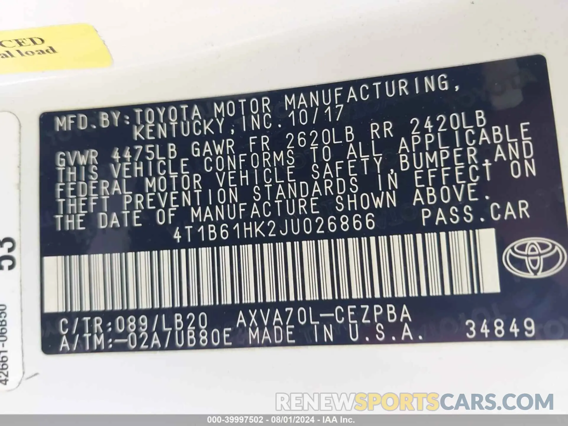 9 Photograph of a damaged car 4T1B61HK2JU026866 TOYOTA CAMRY 2018