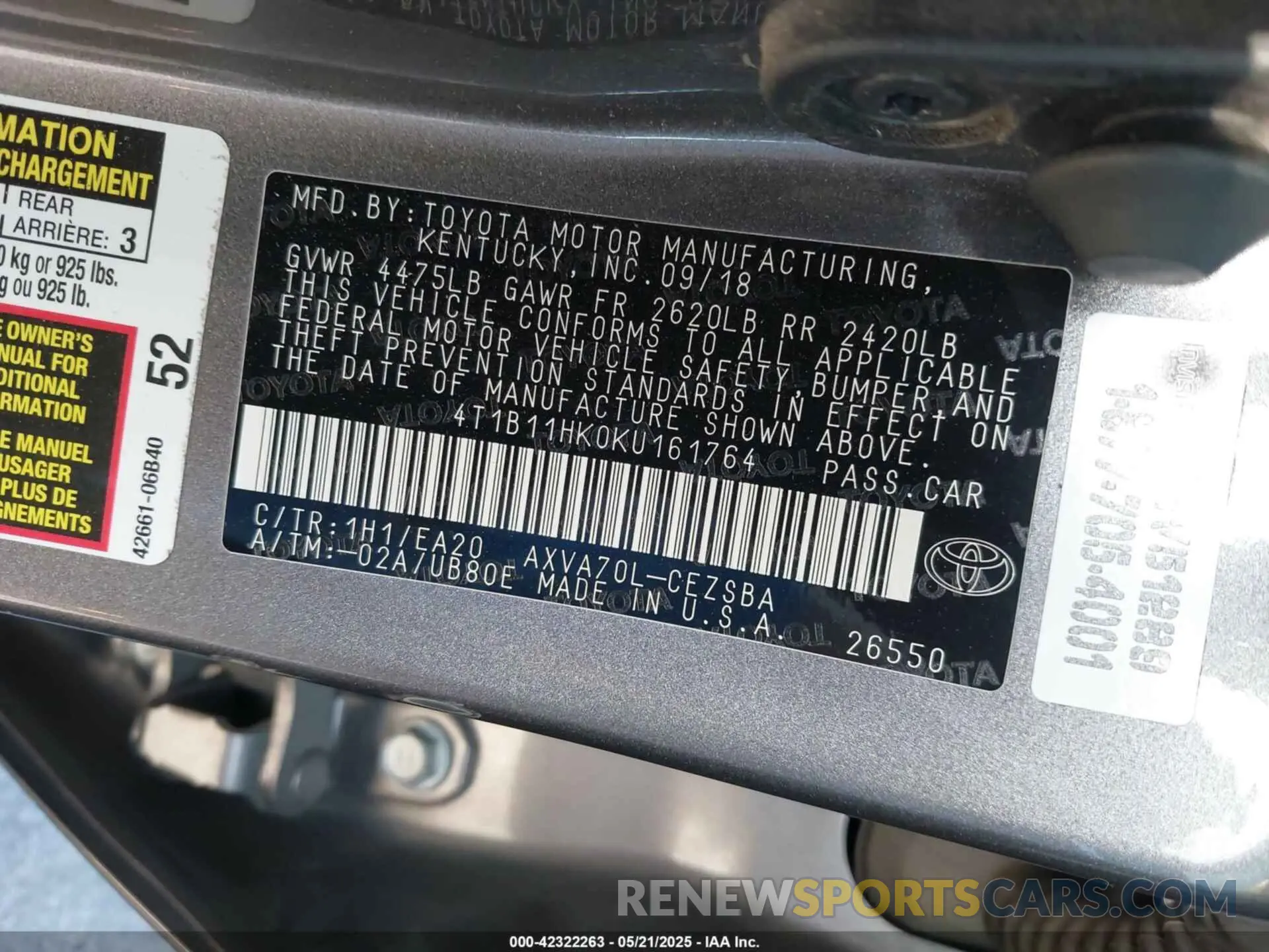 9 Photograph of a damaged car 4T1B11HK0KU161764 TOYOTA CAMRY 2019
