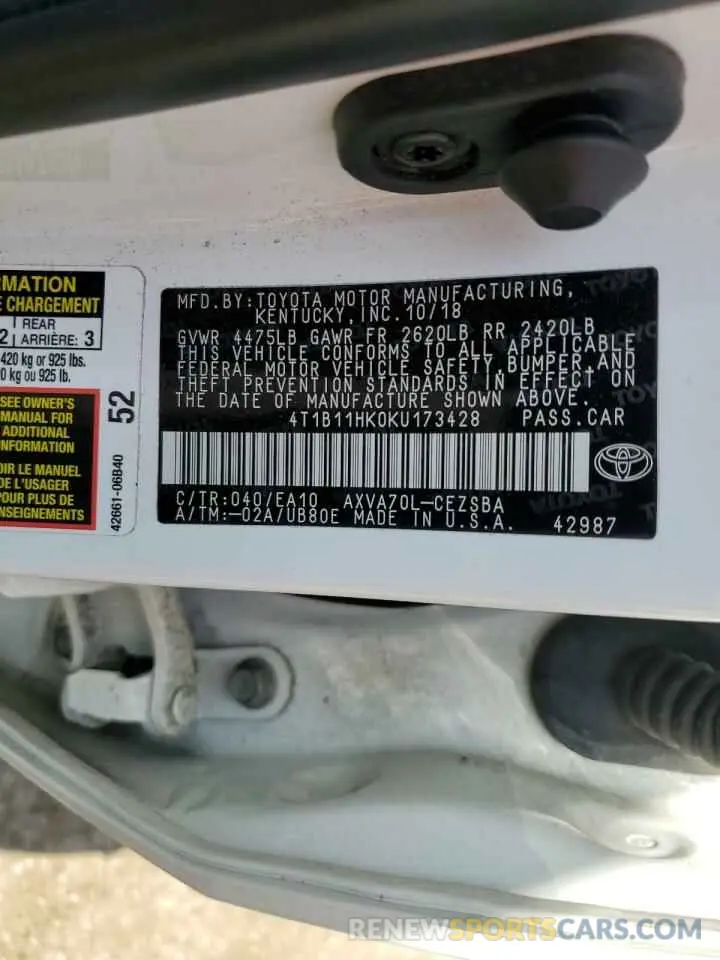 14 Photograph of a damaged car 4T1B11HK0KU173428 TOYOTA CAMRY 2019