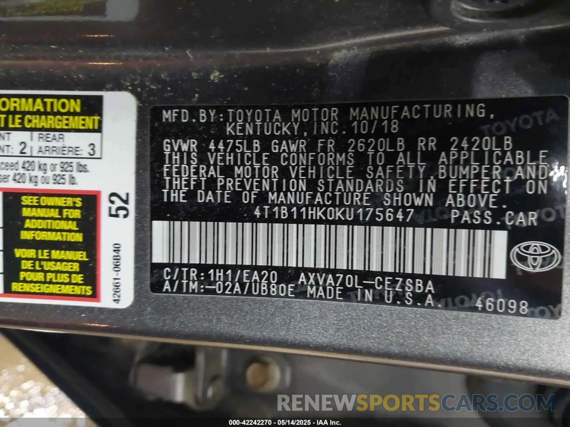 9 Photograph of a damaged car 4T1B11HK0KU175647 TOYOTA CAMRY 2019