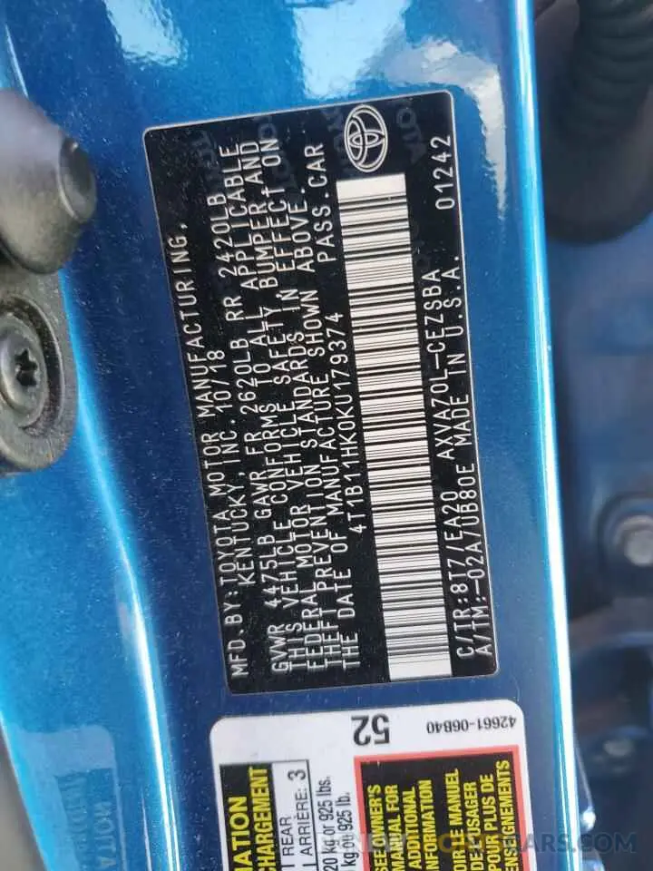 12 Photograph of a damaged car 4T1B11HK0KU179374 TOYOTA CAMRY 2019