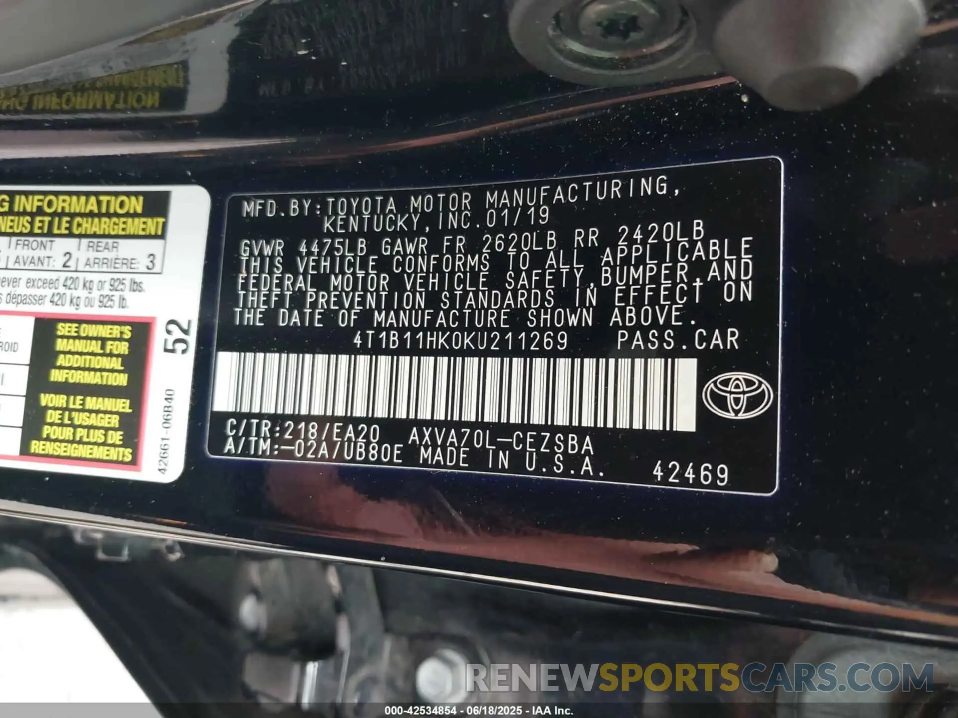 9 Photograph of a damaged car 4T1B11HK0KU211269 TOYOTA CAMRY 2019