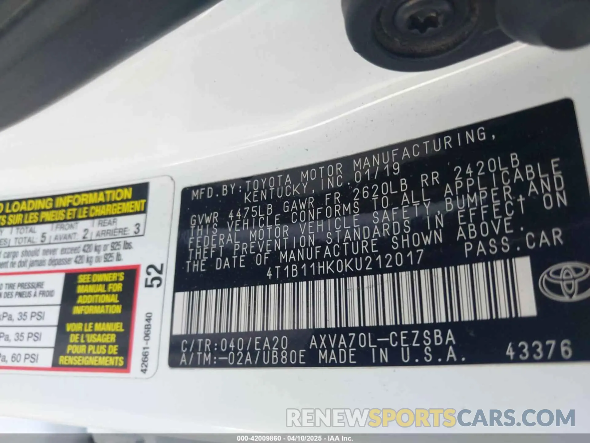 9 Photograph of a damaged car 4T1B11HK0KU212017 TOYOTA CAMRY 2019