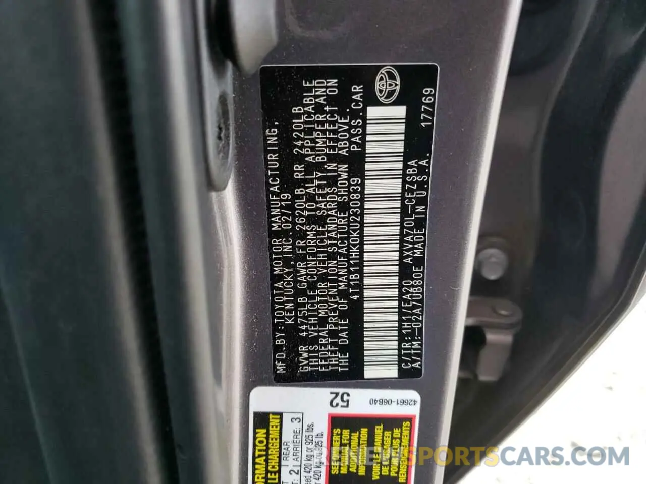 12 Photograph of a damaged car 4T1B11HK0KU230839 TOYOTA CAMRY 2019
