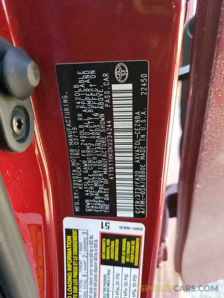 12 Photograph of a damaged car 4T1B11HK0KU234244 TOYOTA CAMRY 2019