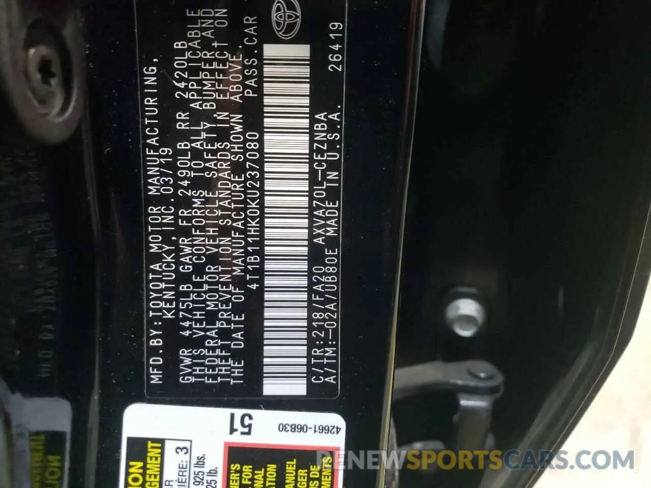 15 Photograph of a damaged car 4T1B11HK0KU237080 TOYOTA CAMRY 2019