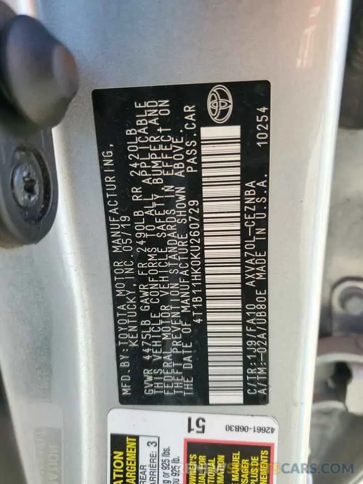 13 Photograph of a damaged car 4T1B11HK0KU260729 TOYOTA CAMRY 2019