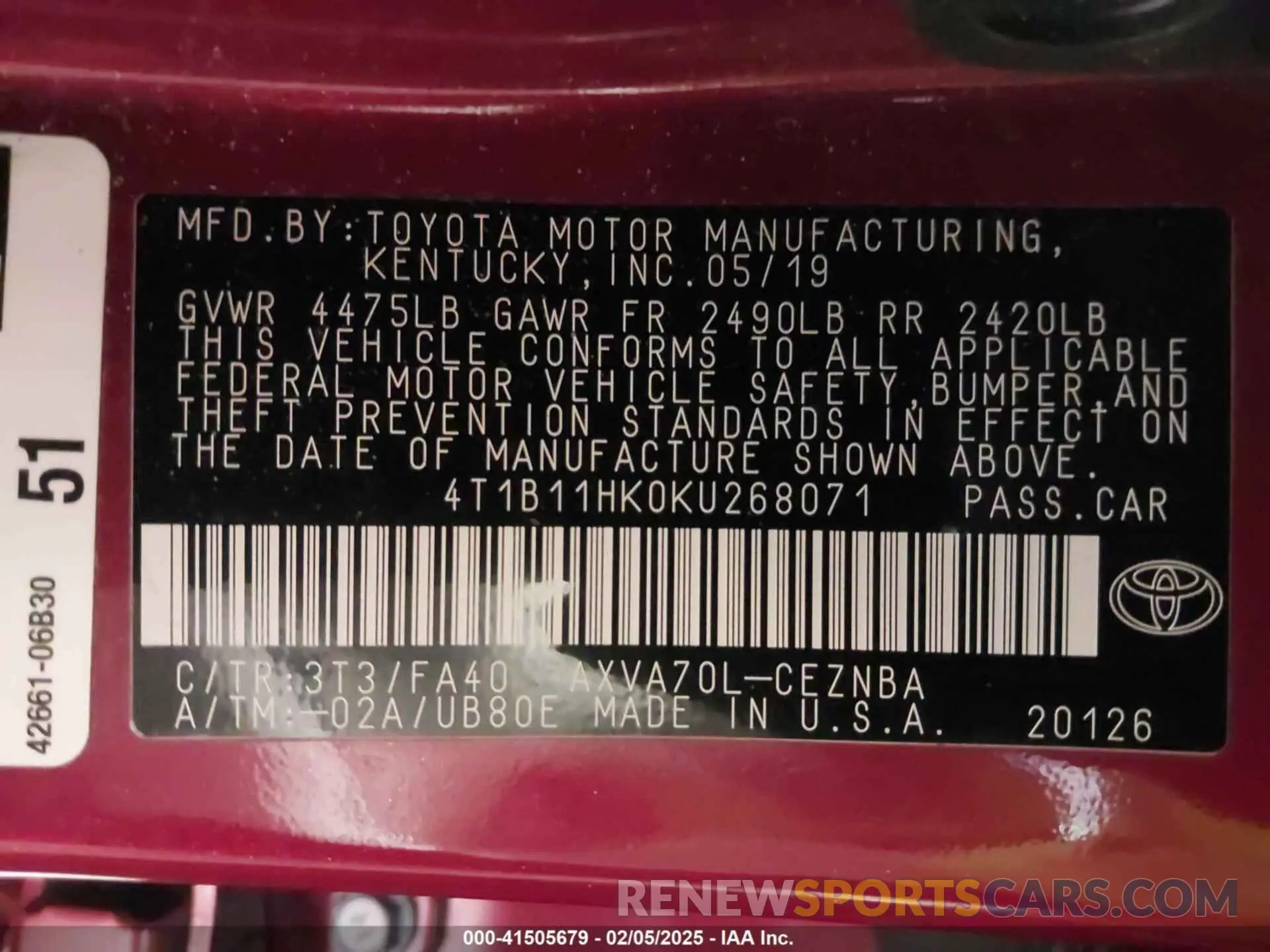 9 Photograph of a damaged car 4T1B11HK0KU268071 TOYOTA CAMRY 2019