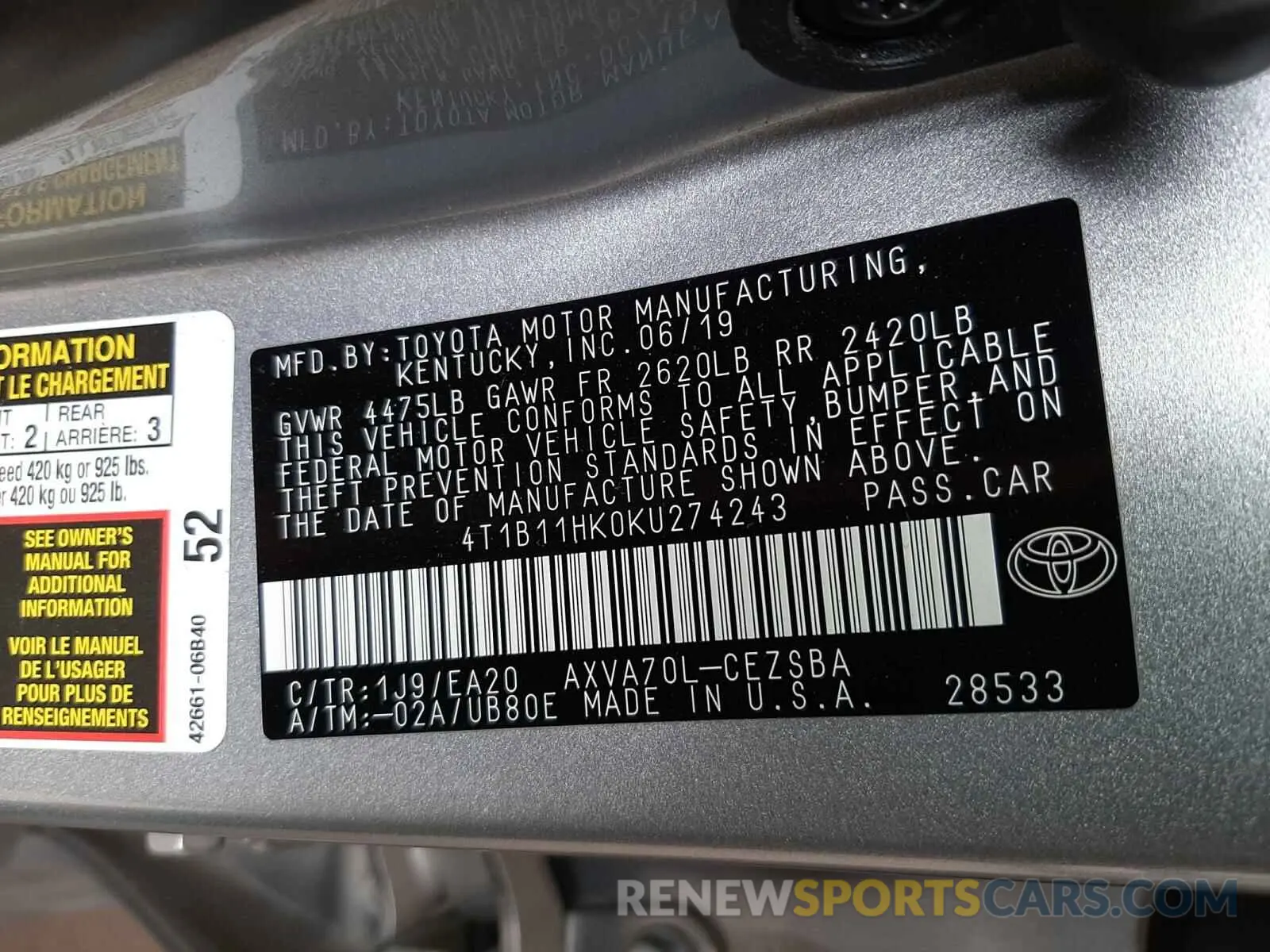 10 Photograph of a damaged car 4T1B11HK0KU274243 TOYOTA CAMRY 2019