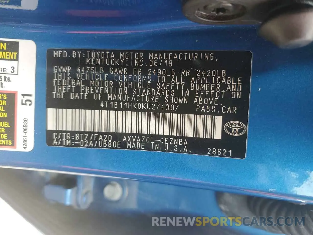 12 Photograph of a damaged car 4T1B11HK0KU274307 TOYOTA CAMRY 2019