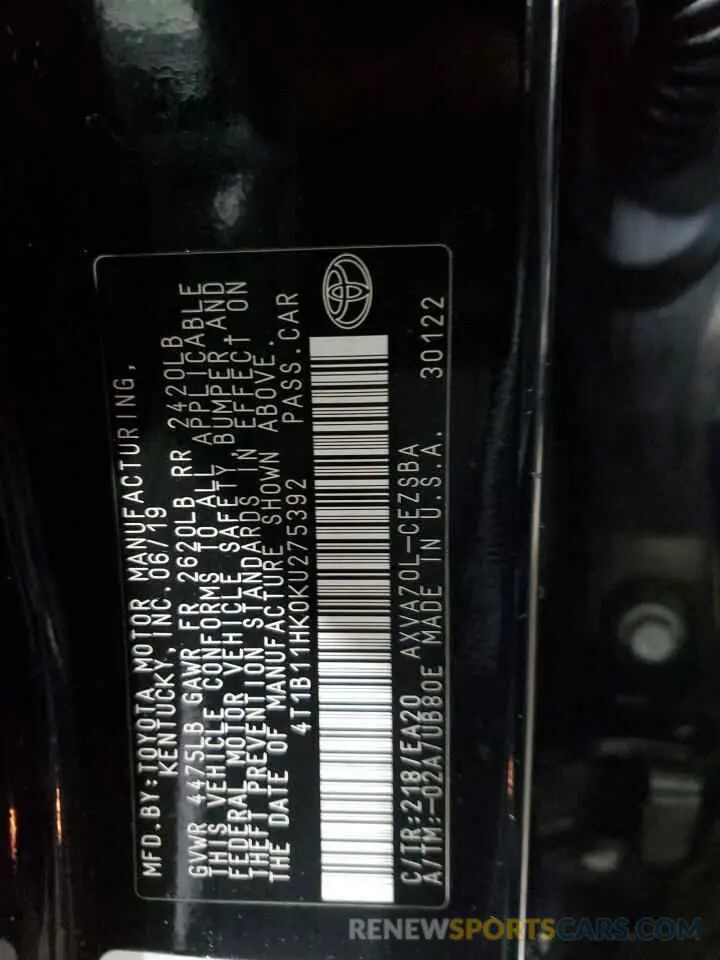 12 Photograph of a damaged car 4T1B11HK0KU275392 TOYOTA CAMRY 2019