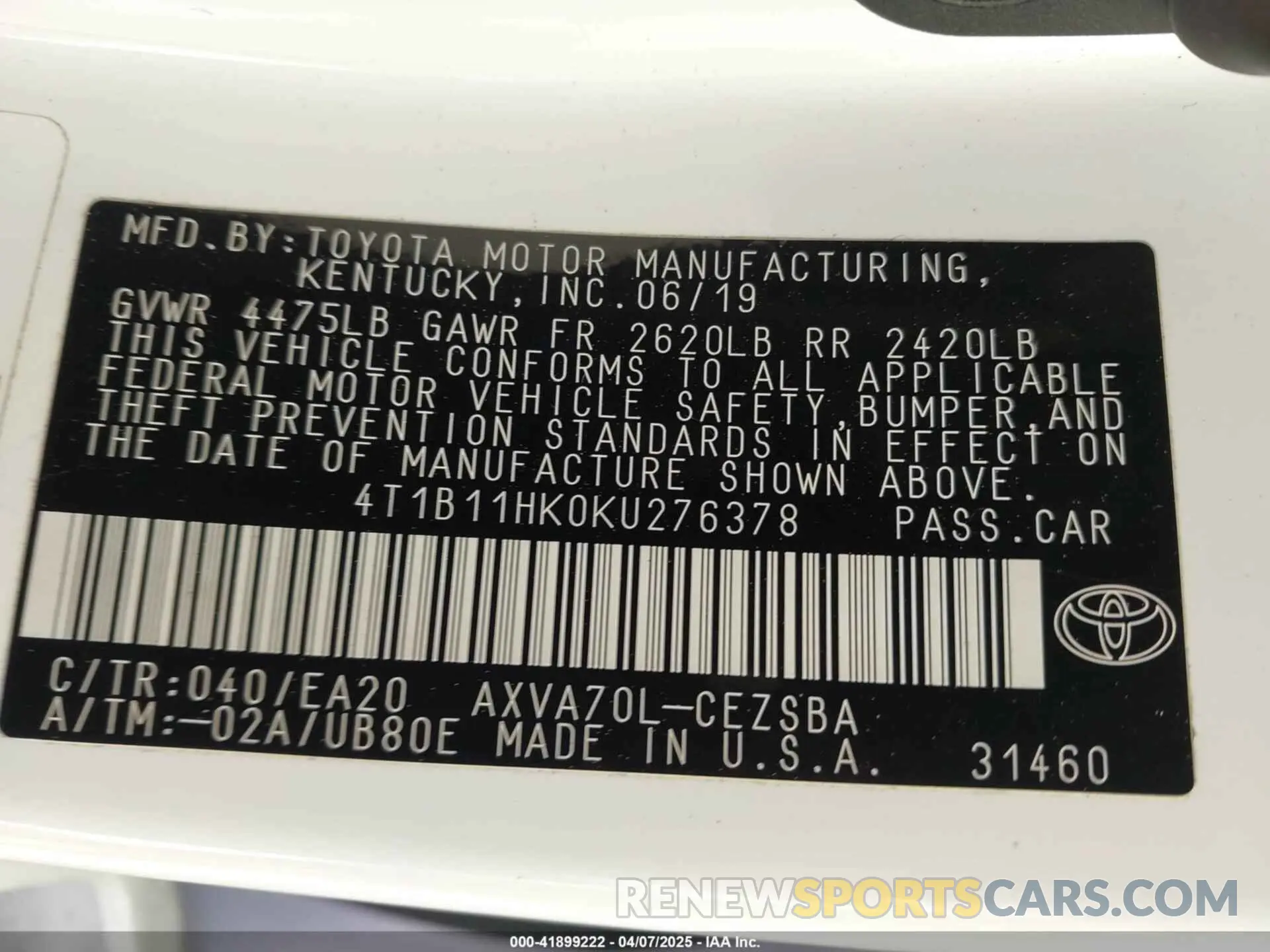 9 Photograph of a damaged car 4T1B11HK0KU276378 TOYOTA CAMRY 2019