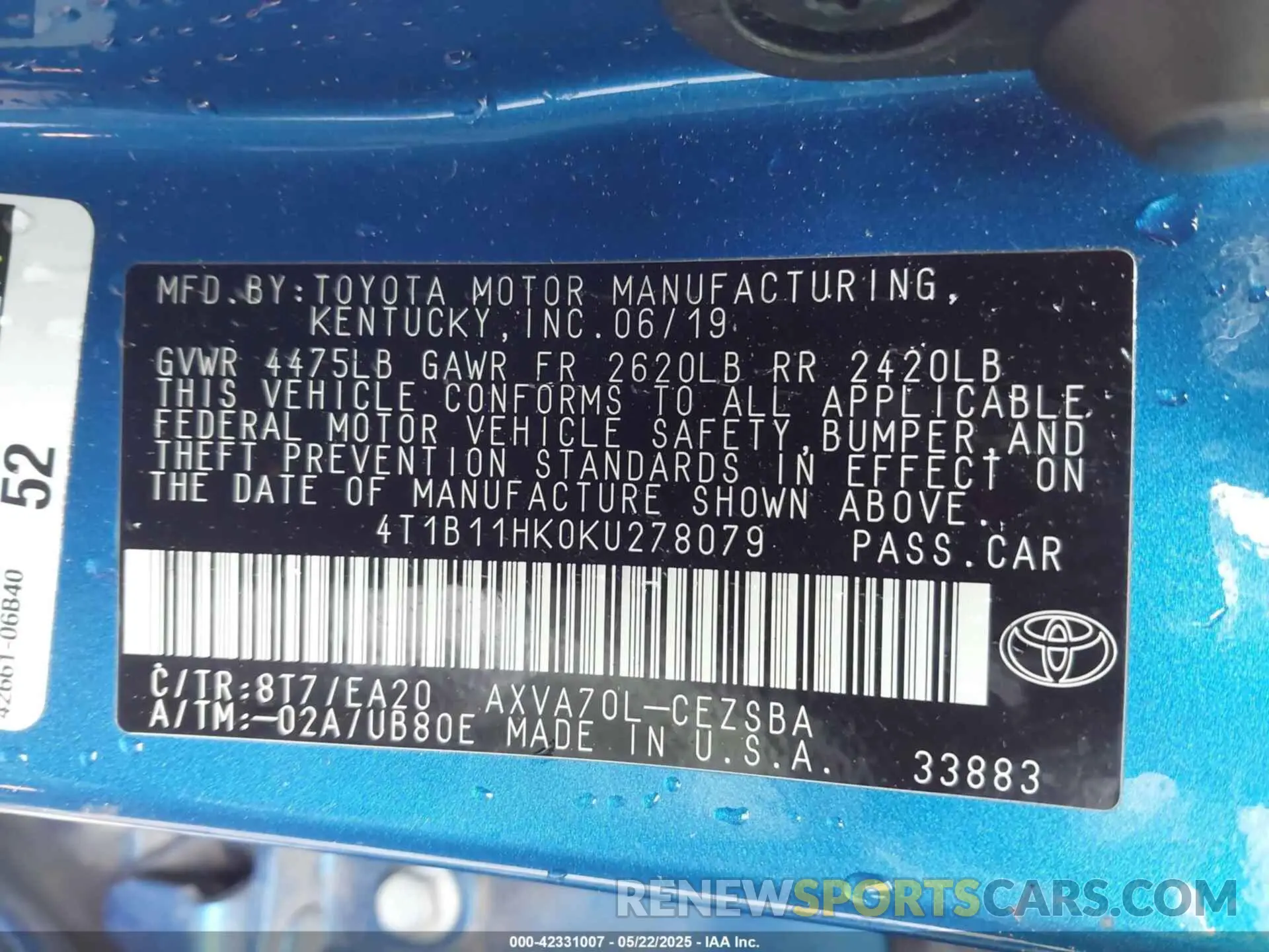 9 Photograph of a damaged car 4T1B11HK0KU278079 TOYOTA CAMRY 2019