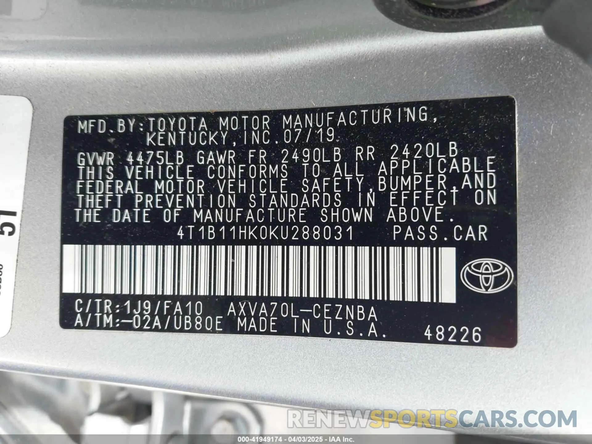 9 Photograph of a damaged car 4T1B11HK0KU288031 TOYOTA CAMRY 2019