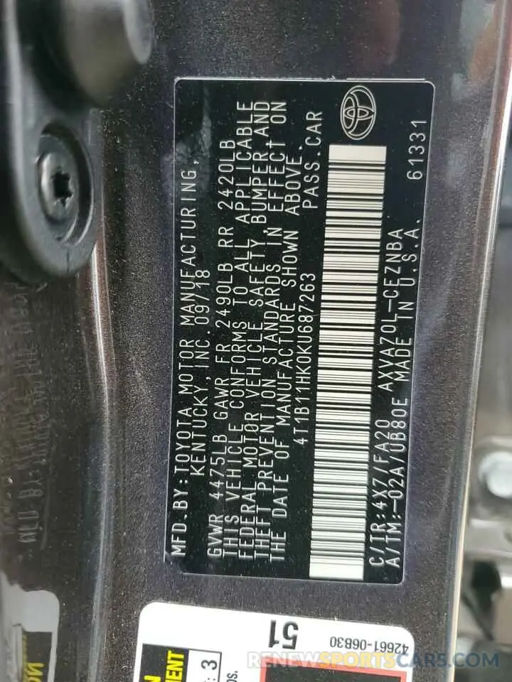 13 Photograph of a damaged car 4T1B11HK0KU687263 TOYOTA CAMRY 2019