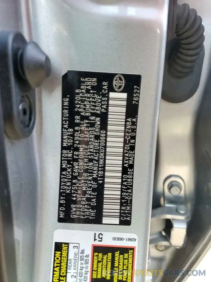 12 Photograph of a damaged car 4T1B11HK0KU700660 TOYOTA CAMRY 2019
