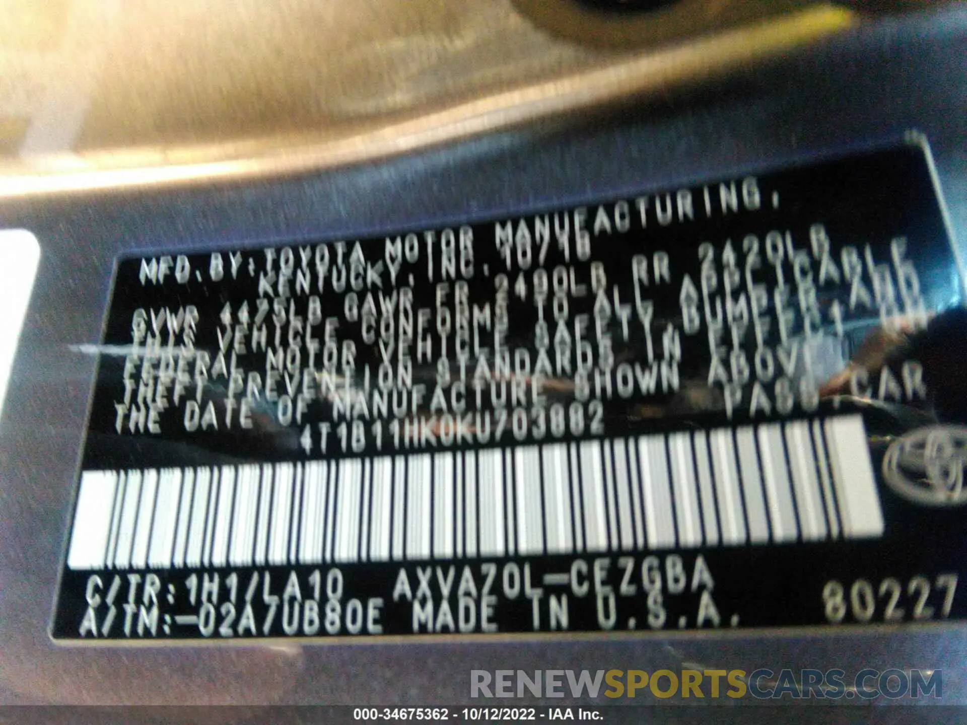 9 Photograph of a damaged car 4T1B11HK0KU703882 TOYOTA CAMRY 2019