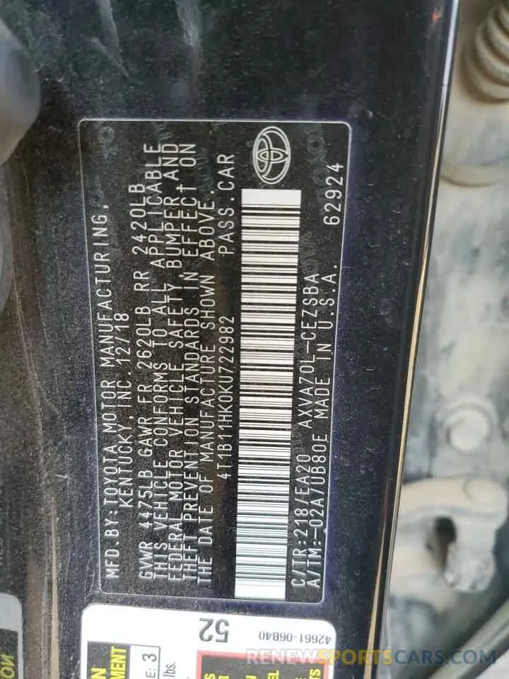 12 Photograph of a damaged car 4T1B11HK0KU722982 TOYOTA CAMRY 2019