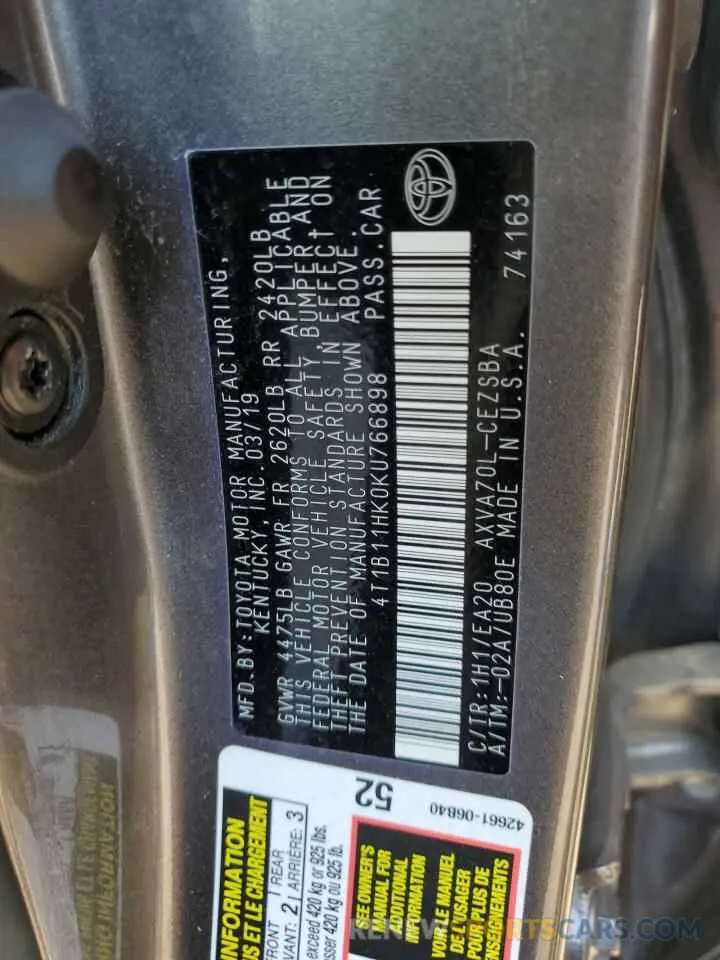 13 Photograph of a damaged car 4T1B11HK0KU766898 TOYOTA CAMRY 2019