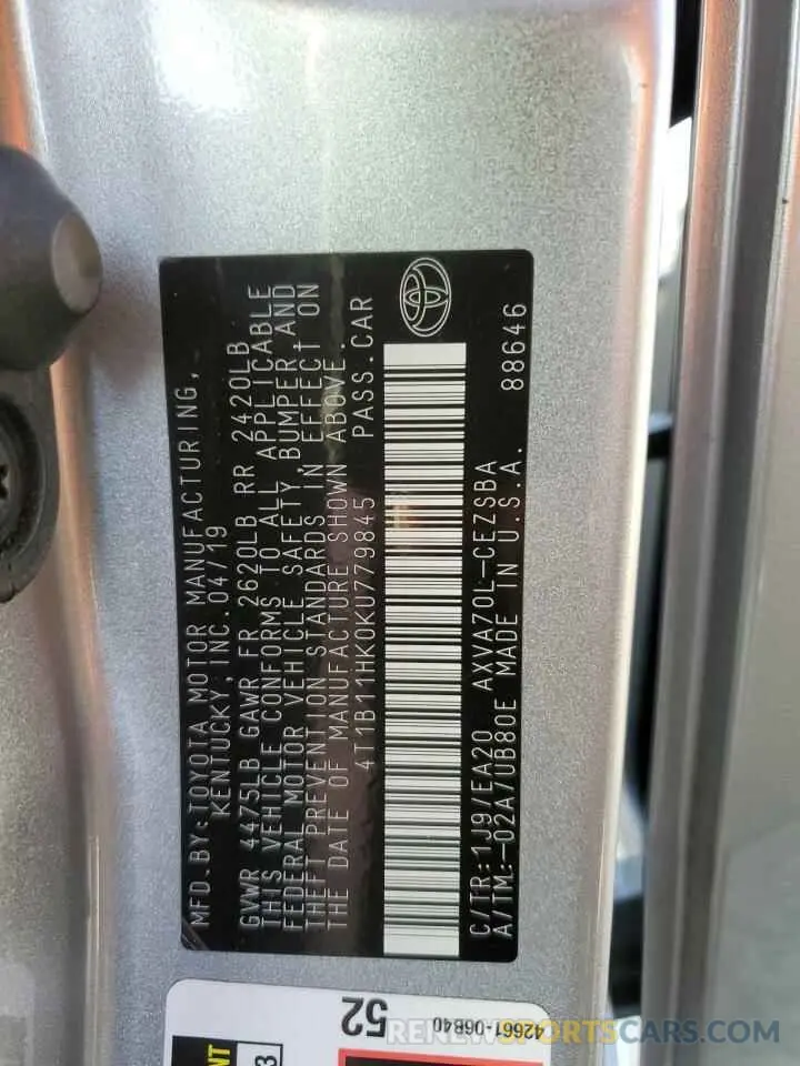 13 Photograph of a damaged car 4T1B11HK0KU779845 TOYOTA CAMRY 2019