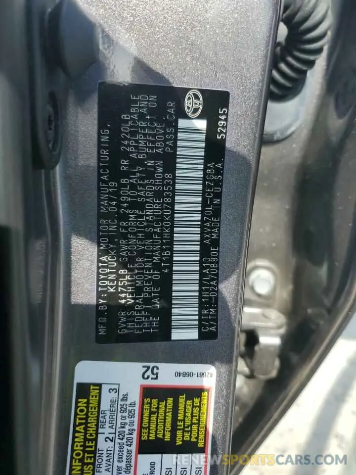 12 Photograph of a damaged car 4T1B11HK0KU783538 TOYOTA CAMRY 2019