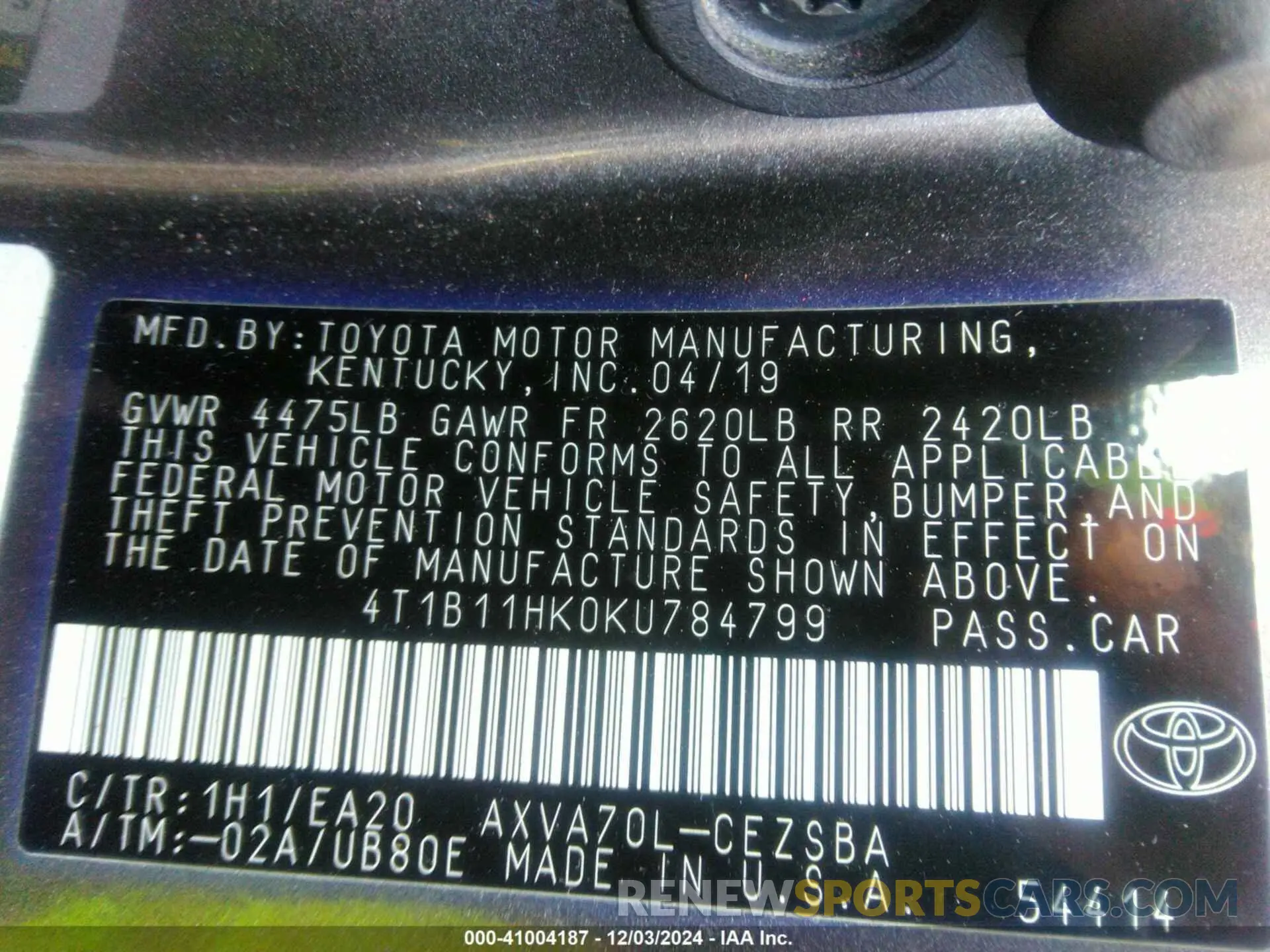 9 Photograph of a damaged car 4T1B11HK0KU784799 TOYOTA CAMRY 2019