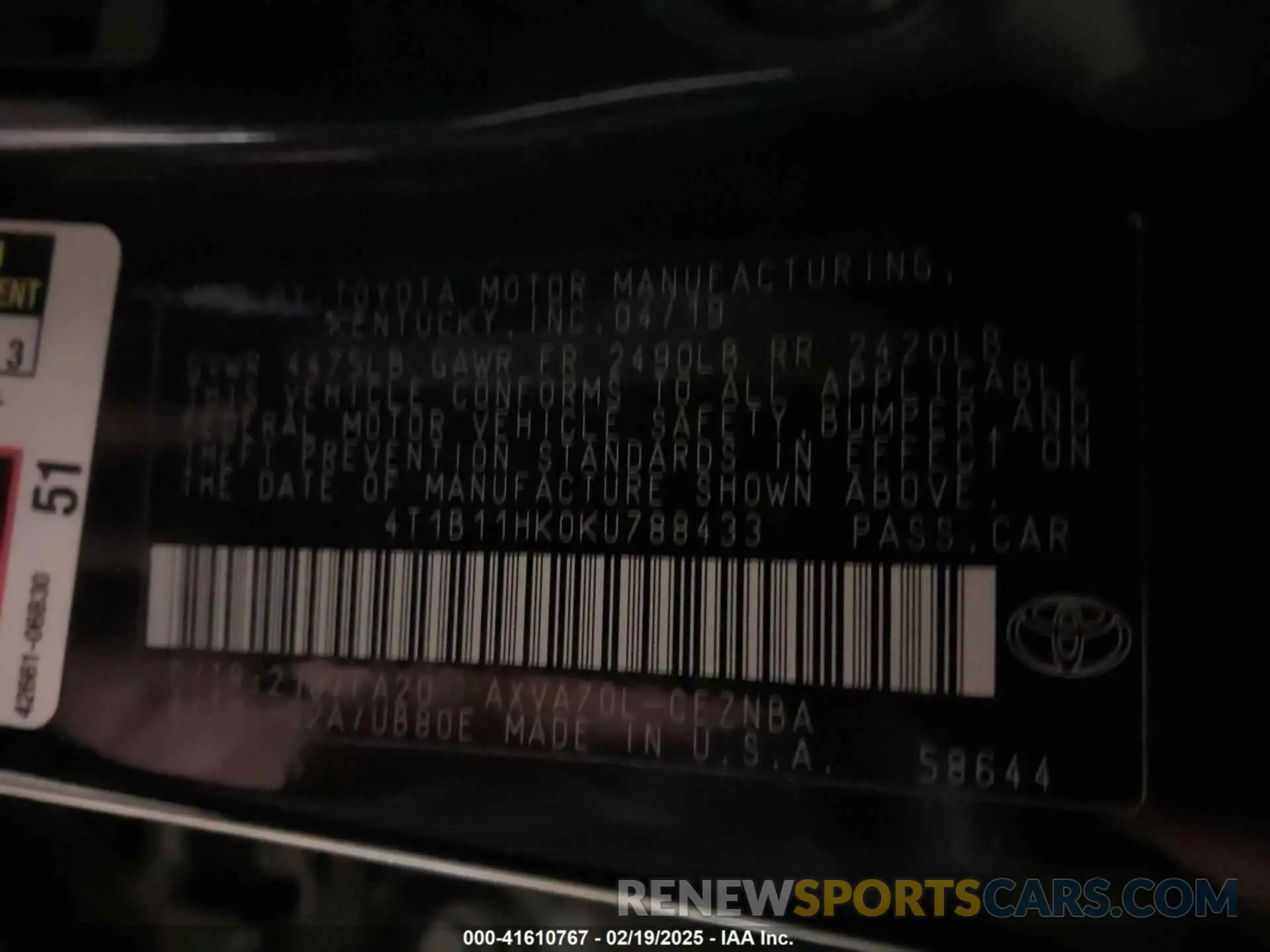 9 Photograph of a damaged car 4T1B11HK0KU788433 TOYOTA CAMRY 2019