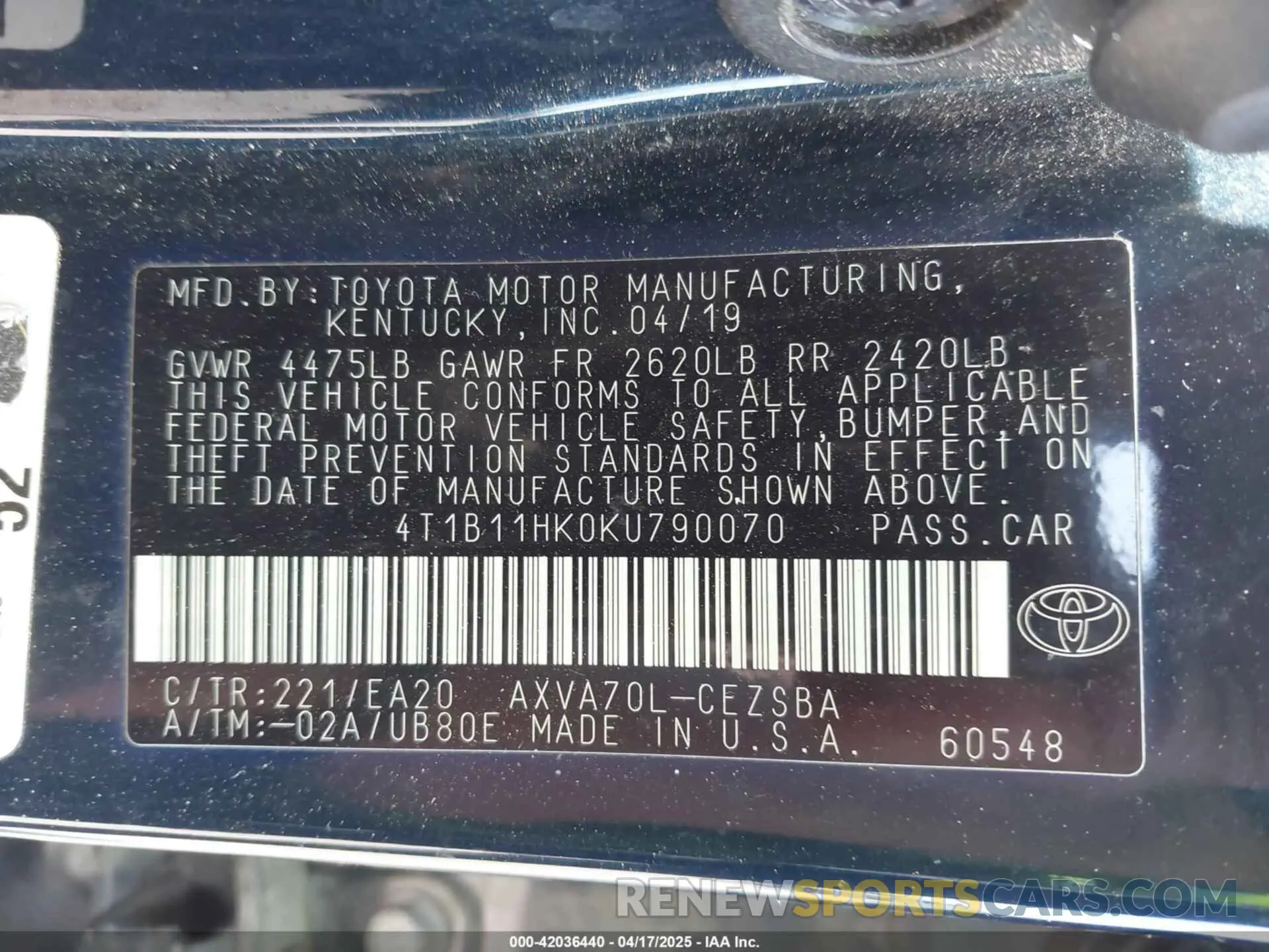 9 Photograph of a damaged car 4T1B11HK0KU790070 TOYOTA CAMRY 2019