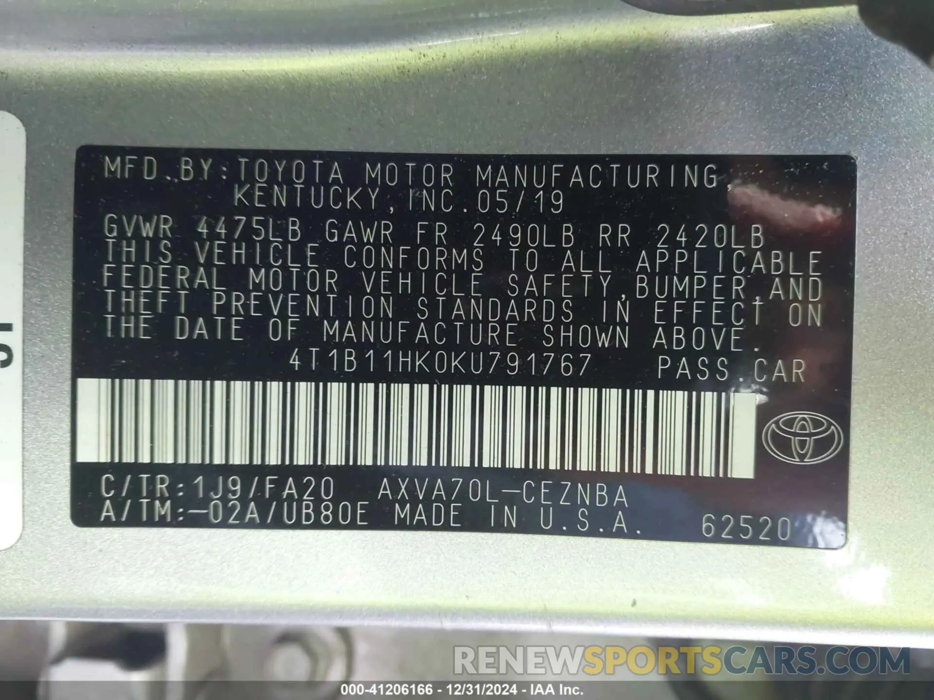 9 Photograph of a damaged car 4T1B11HK0KU791767 TOYOTA CAMRY 2019
