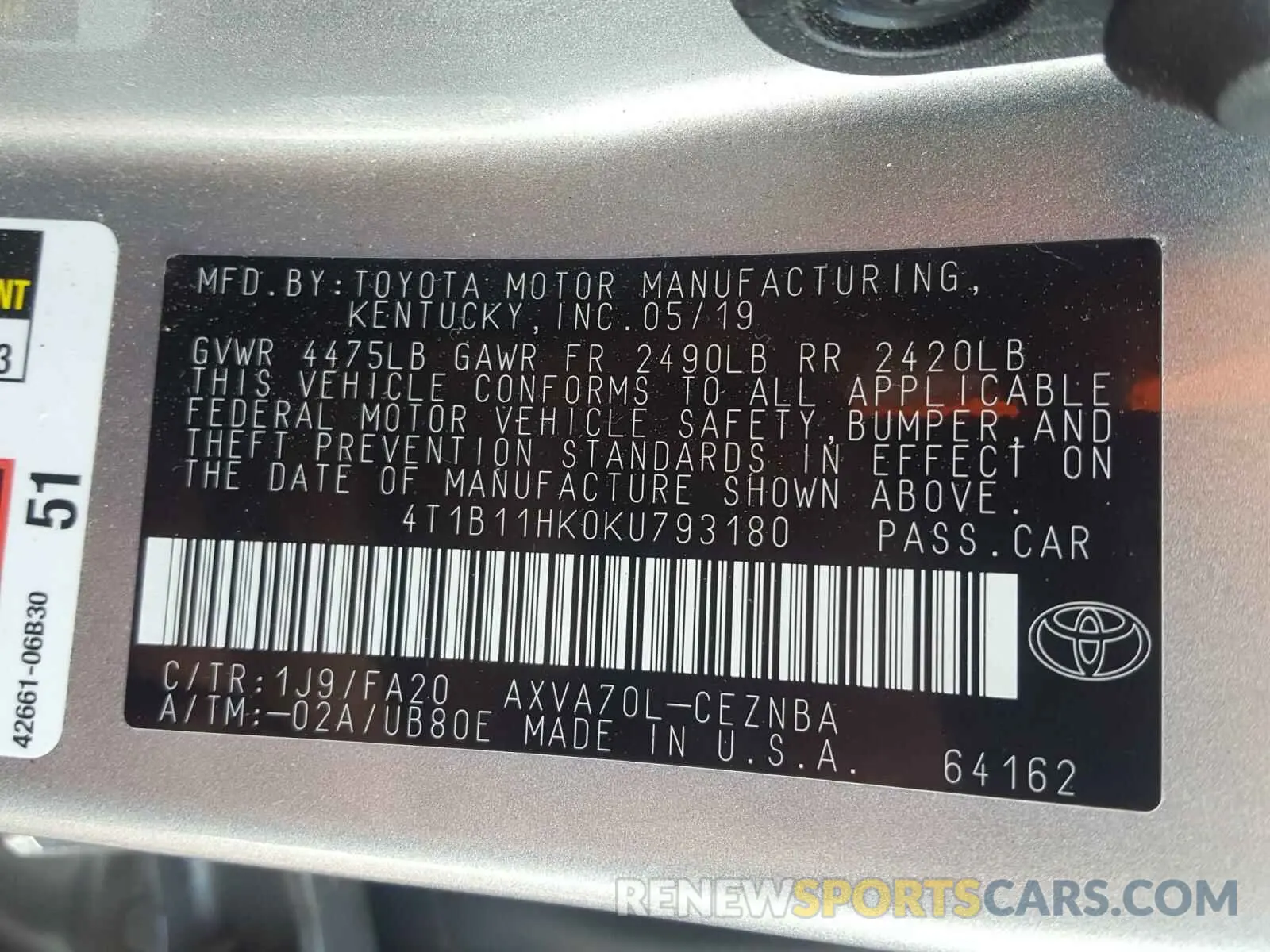 10 Photograph of a damaged car 4T1B11HK0KU793180 TOYOTA CAMRY 2019