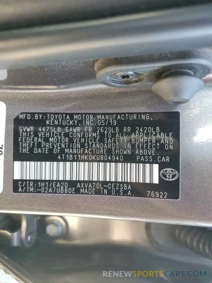 12 Photograph of a damaged car 4T1B11HK0KU804940 TOYOTA CAMRY 2019