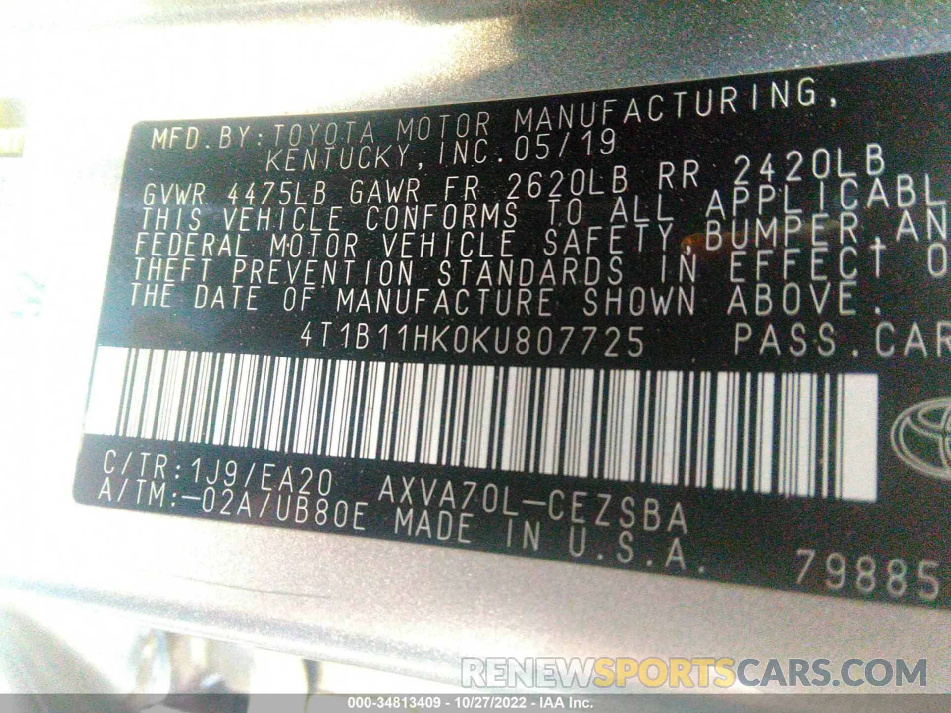 9 Photograph of a damaged car 4T1B11HK0KU807725 TOYOTA CAMRY 2019