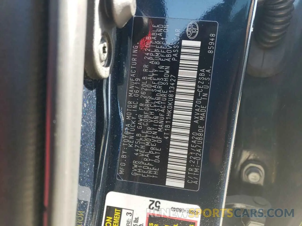 13 Photograph of a damaged car 4T1B11HK0KU813427 TOYOTA CAMRY 2019