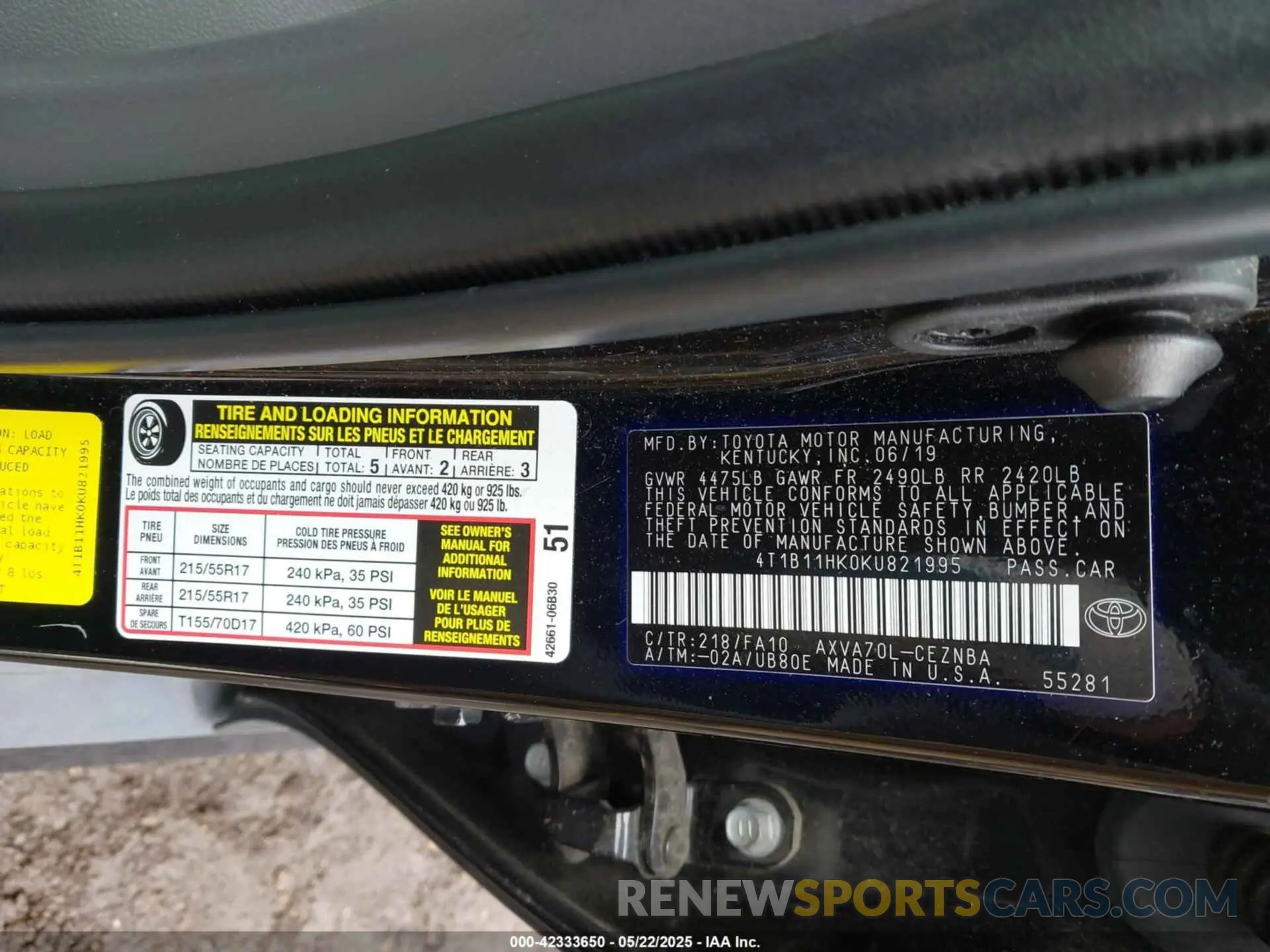 9 Photograph of a damaged car 4T1B11HK0KU821995 TOYOTA CAMRY 2019