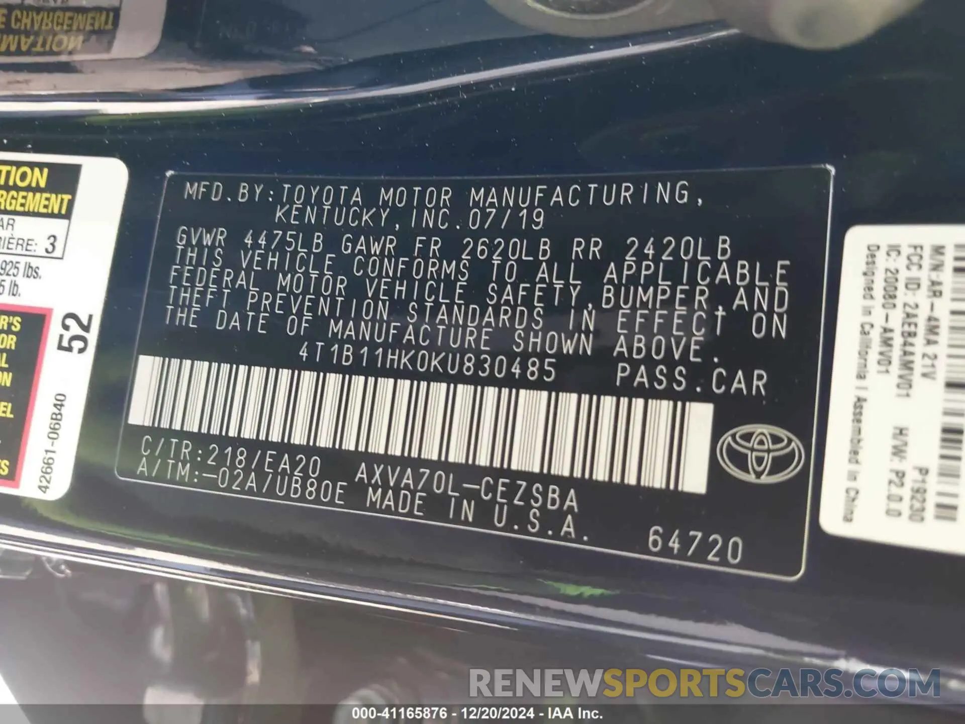 9 Photograph of a damaged car 4T1B11HK0KU830485 TOYOTA CAMRY 2019