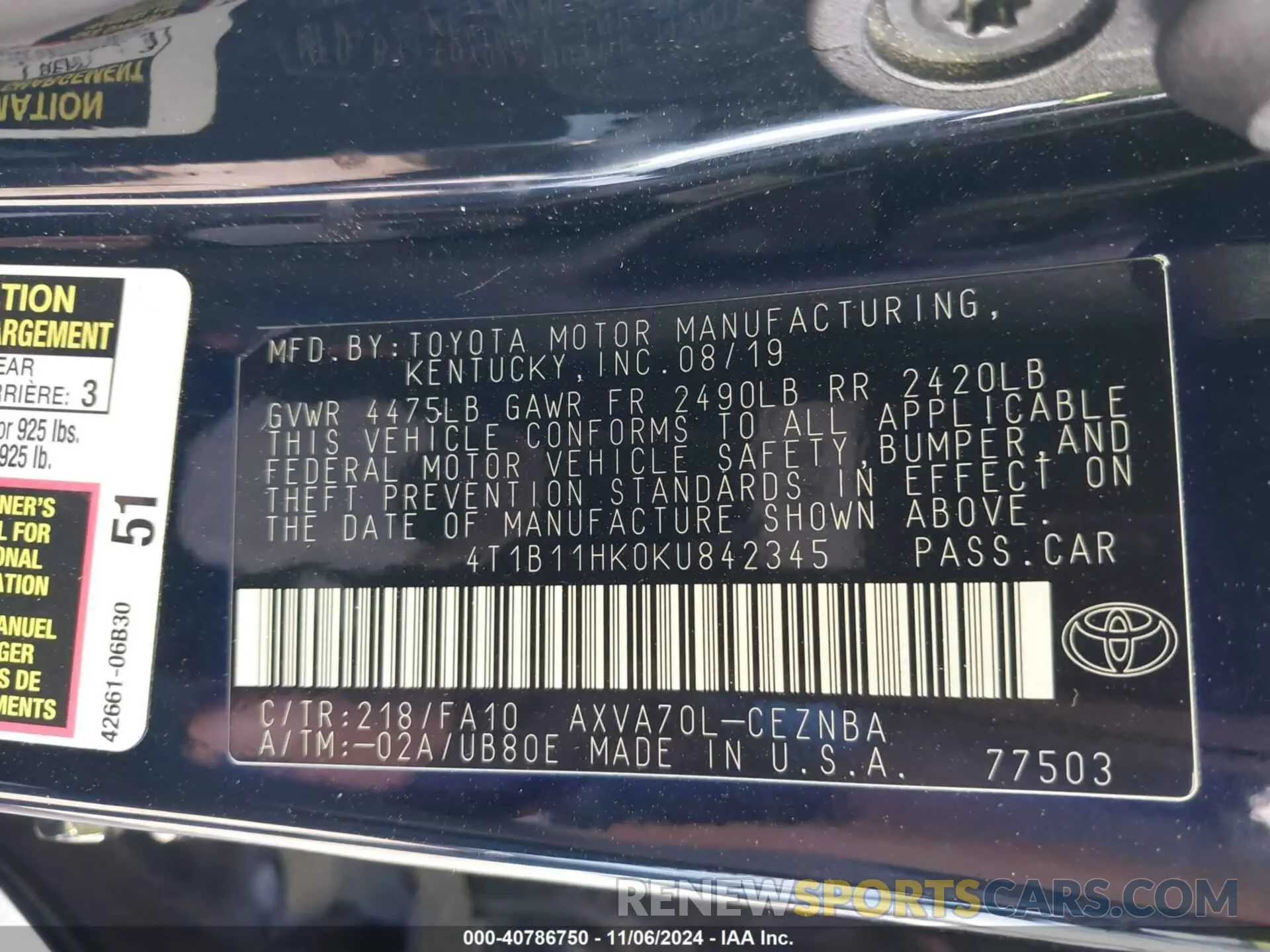 9 Photograph of a damaged car 4T1B11HK0KU842345 TOYOTA CAMRY 2019