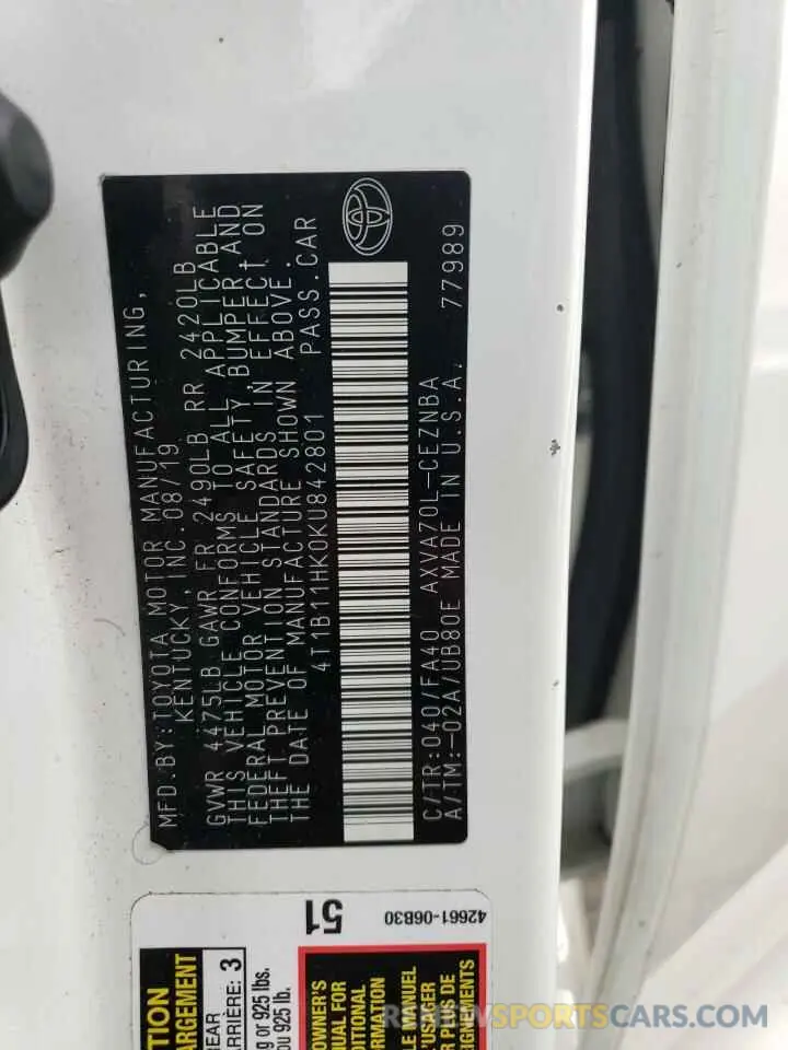 12 Photograph of a damaged car 4T1B11HK0KU842801 TOYOTA CAMRY 2019
