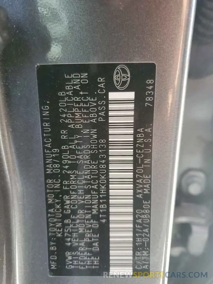 12 Photograph of a damaged car 4T1B11HK0KU843138 TOYOTA CAMRY 2019