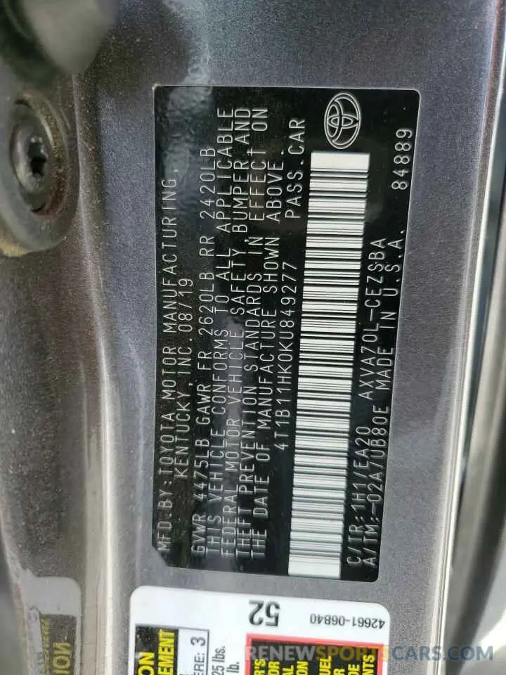 13 Photograph of a damaged car 4T1B11HK0KU849277 TOYOTA CAMRY 2019