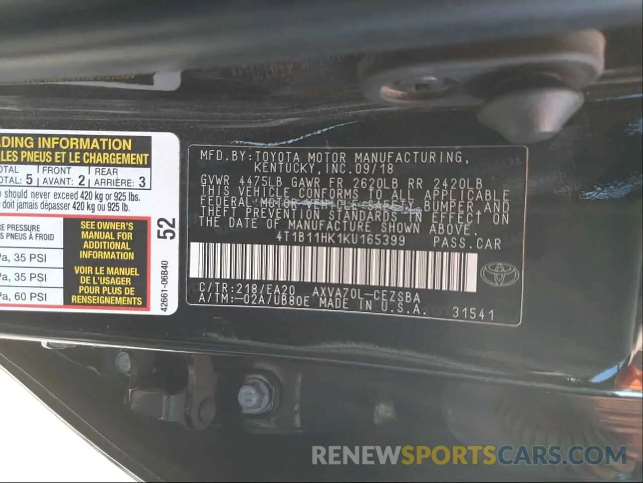10 Photograph of a damaged car 4T1B11HK1KU165399 TOYOTA CAMRY 2019