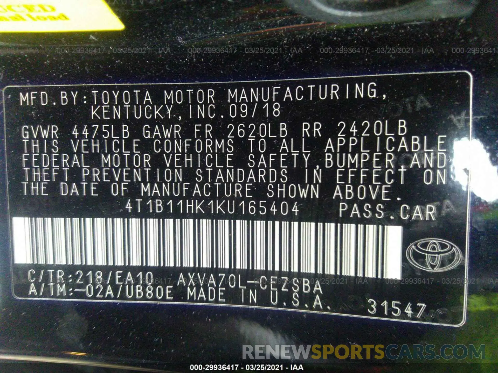 9 Photograph of a damaged car 4T1B11HK1KU165404 TOYOTA CAMRY 2019