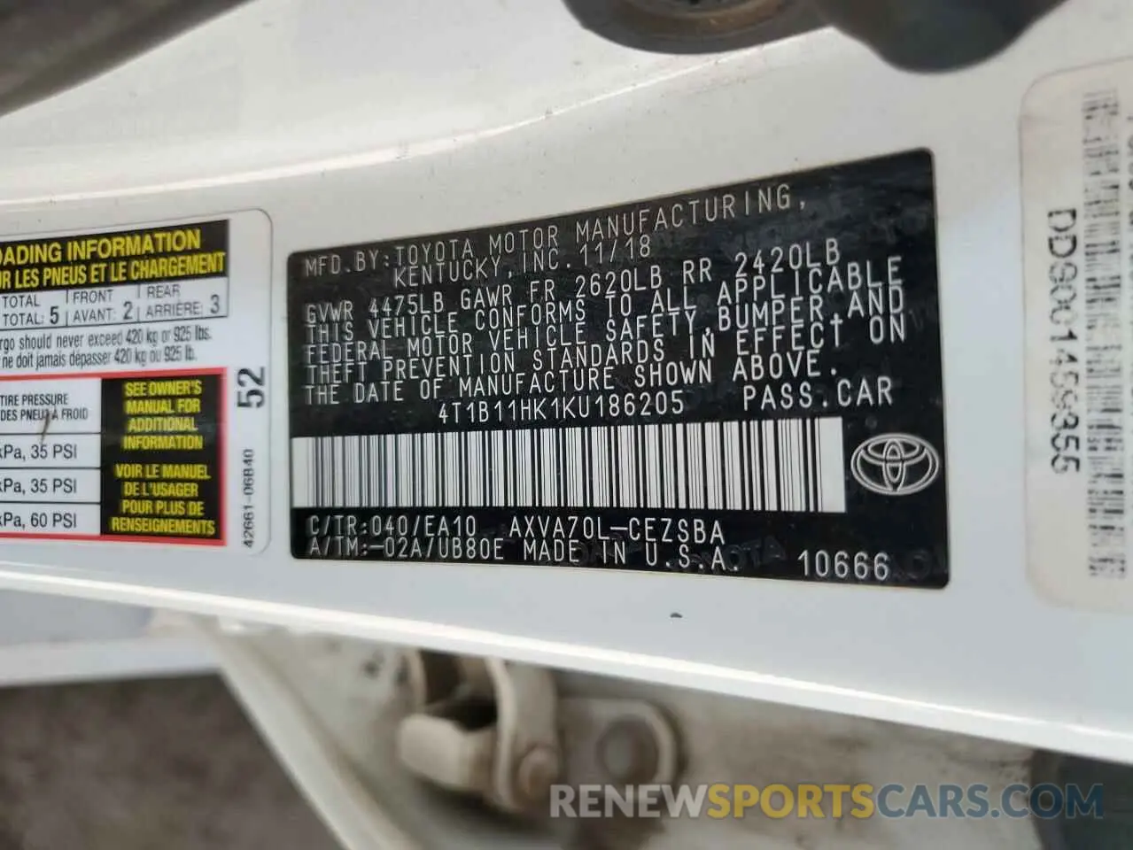 12 Photograph of a damaged car 4T1B11HK1KU186205 TOYOTA CAMRY 2019