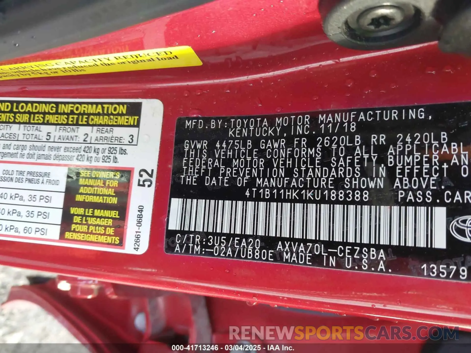 9 Photograph of a damaged car 4T1B11HK1KU188388 TOYOTA CAMRY 2019