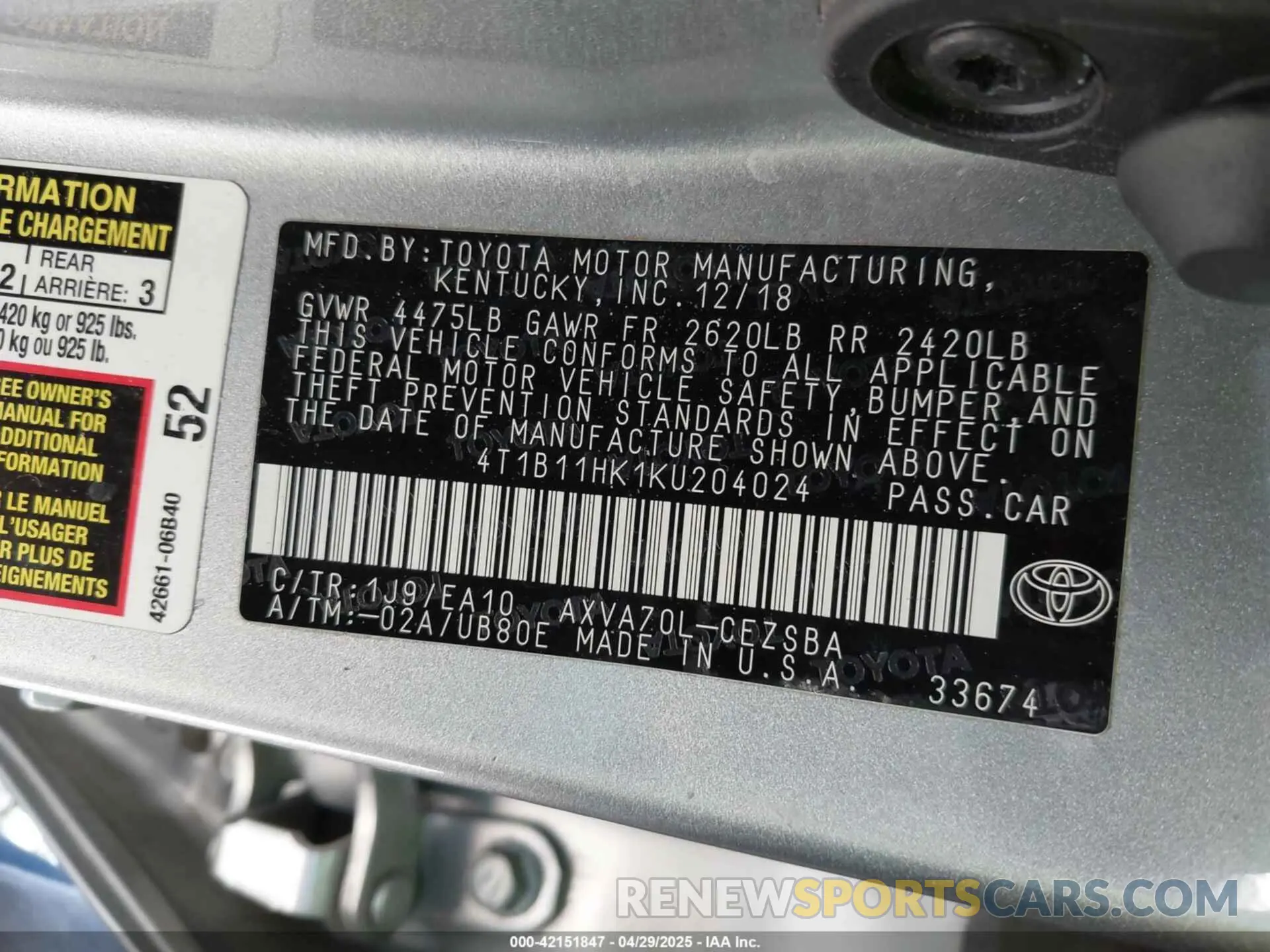 9 Photograph of a damaged car 4T1B11HK1KU204024 TOYOTA CAMRY 2019