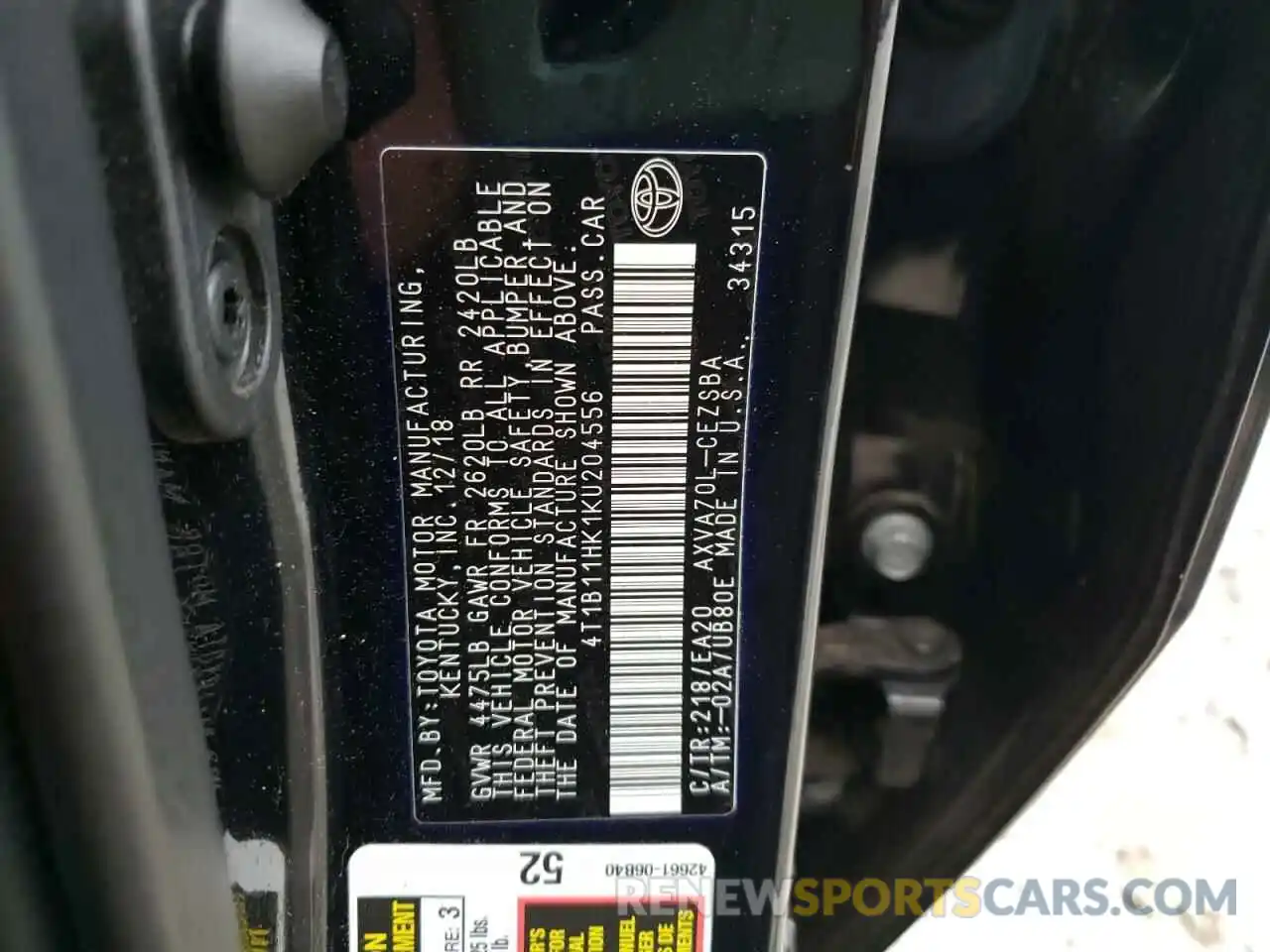 10 Photograph of a damaged car 4T1B11HK1KU204556 TOYOTA CAMRY 2019