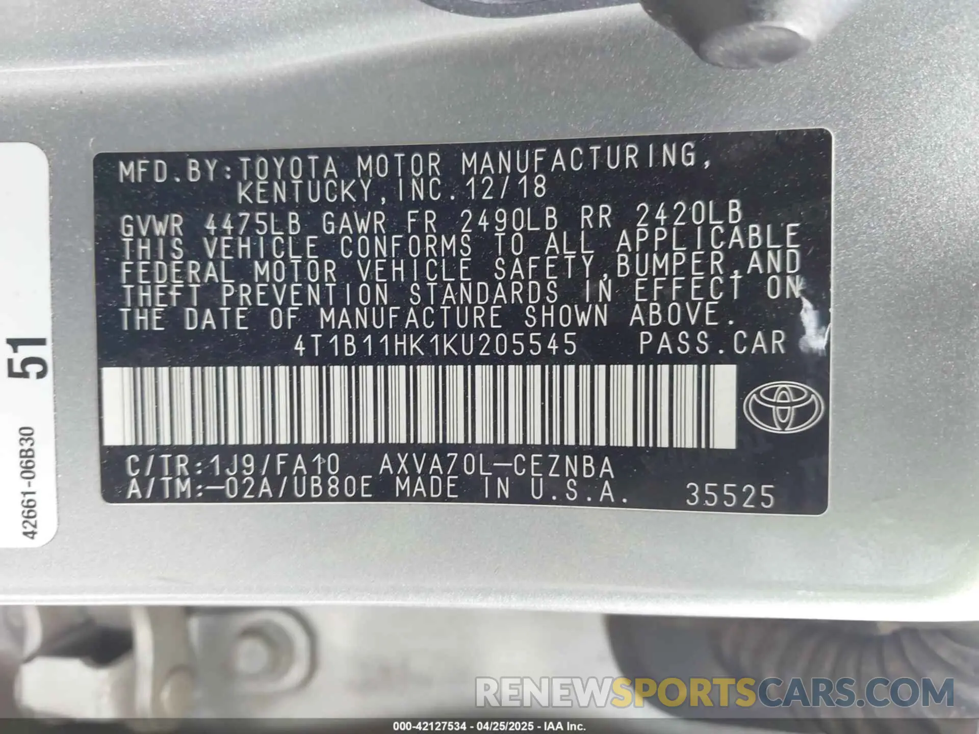 9 Photograph of a damaged car 4T1B11HK1KU205545 TOYOTA CAMRY 2019
