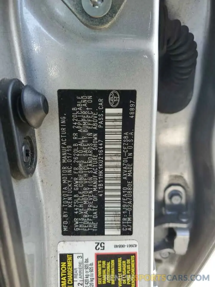 13 Photograph of a damaged car 4T1B11HK1KU216447 TOYOTA CAMRY 2019